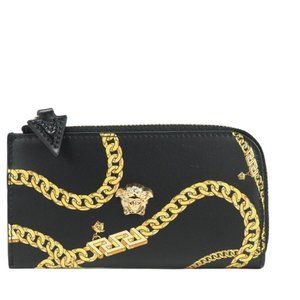 Versace Black Smooth Leather Medusa Head Chain Organizer Zip Card Case Wallet